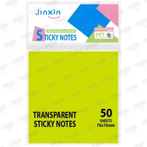 Notas Adhesivas Transparentes PET Jinxin 76x76 mm (50 Hojas) – Amarillo Verdoso Claro